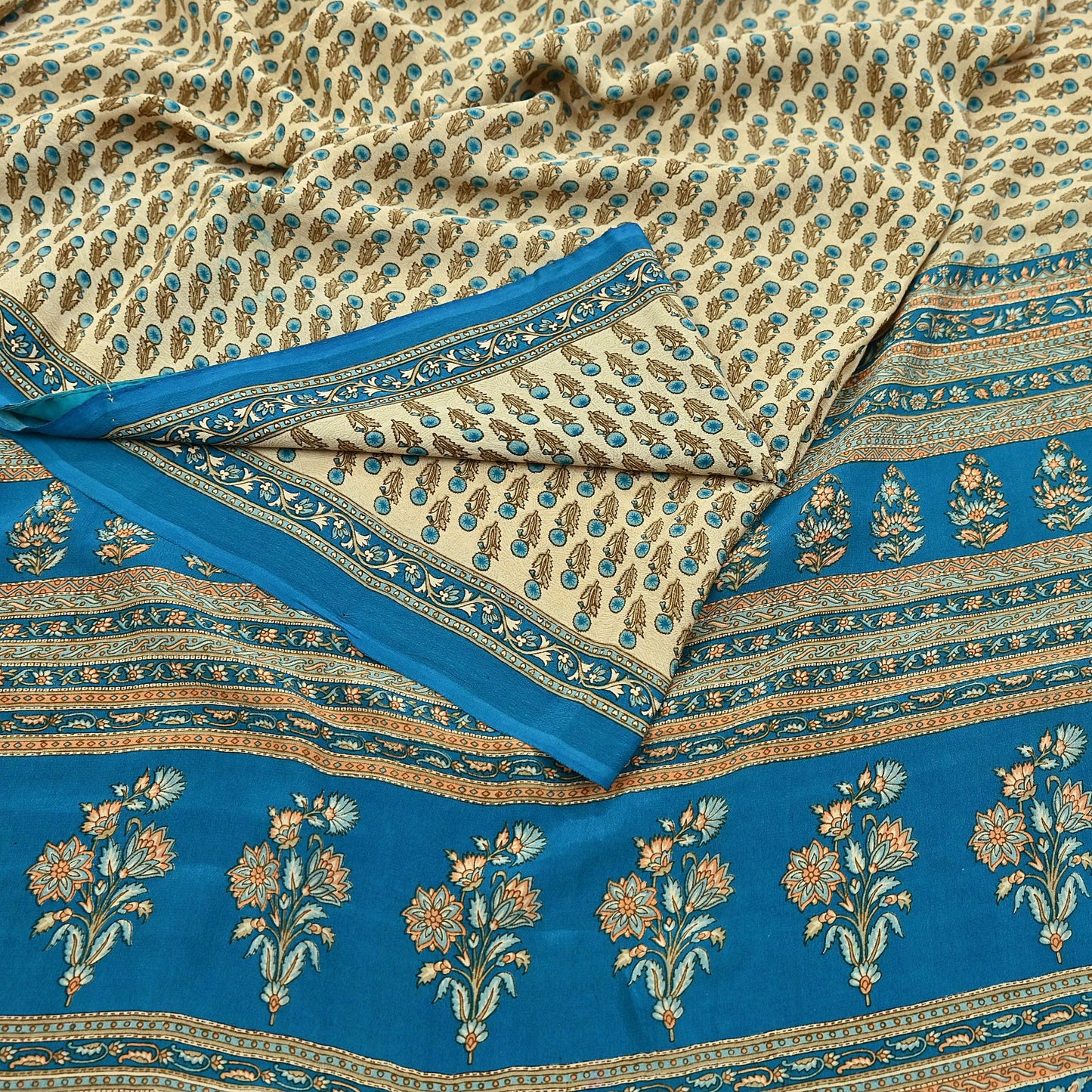 Indian Vintage blue & Beige Pure Crepe Silk Saree Floral Print 5 Yards Soft Sewing Fabric for Dressmaking, Quilting, Crafting Upcycling