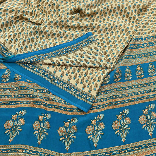 Indian Vintage blue & Beige Pure Crepe Silk Saree Floral Print 5 Yards Soft Sewing Fabric for Dressmaking, Quilting, Crafting Upcycling