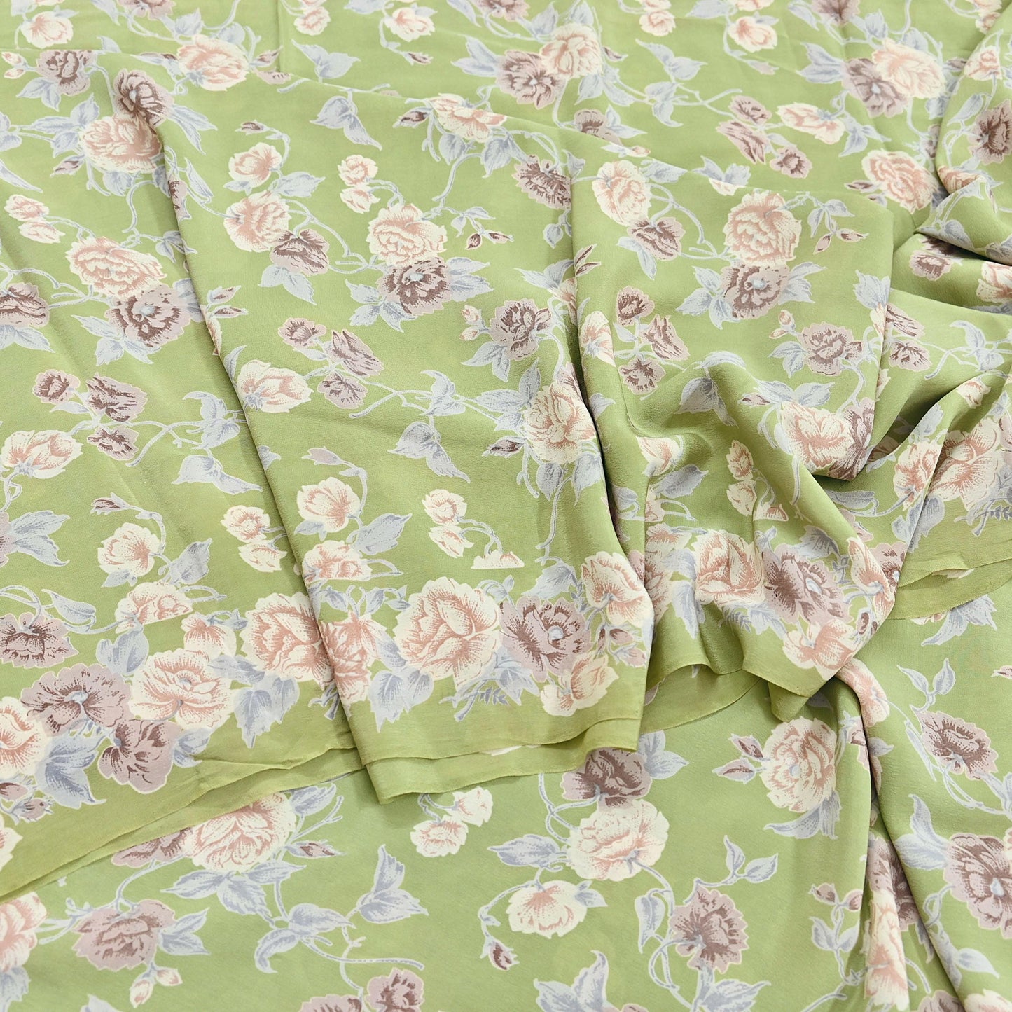 Indian Vintage Sari Sage Green Pure Crepe Silk Printed Saree 5yard Sewing Quilting Floral Soft Craft Fabric Wrap