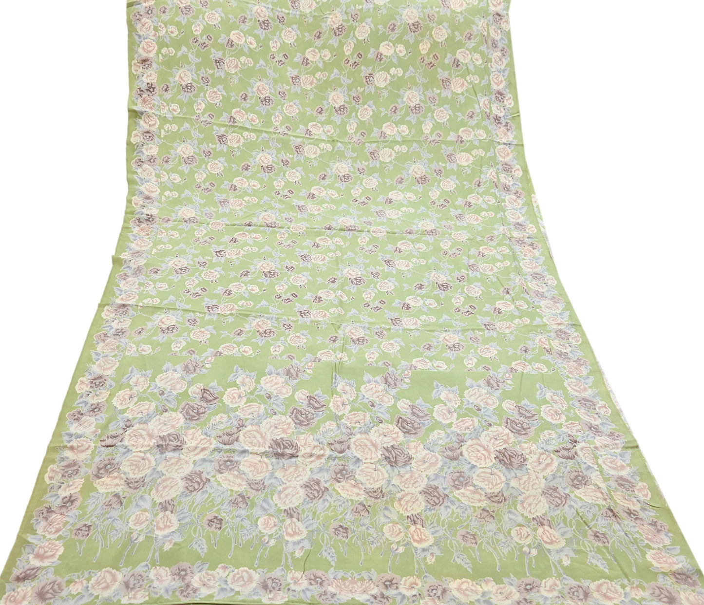 Indian Vintage Sari Sage Green Pure Crepe Silk Printed Saree 5yard Sewing Quilting Floral Soft Craft Fabric Wrap