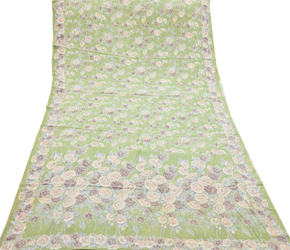 Indian Vintage Sari Sage Green Pure Crepe Silk Printed Saree 5yard Sewing Quilting Floral Soft Craft Fabric Wrap