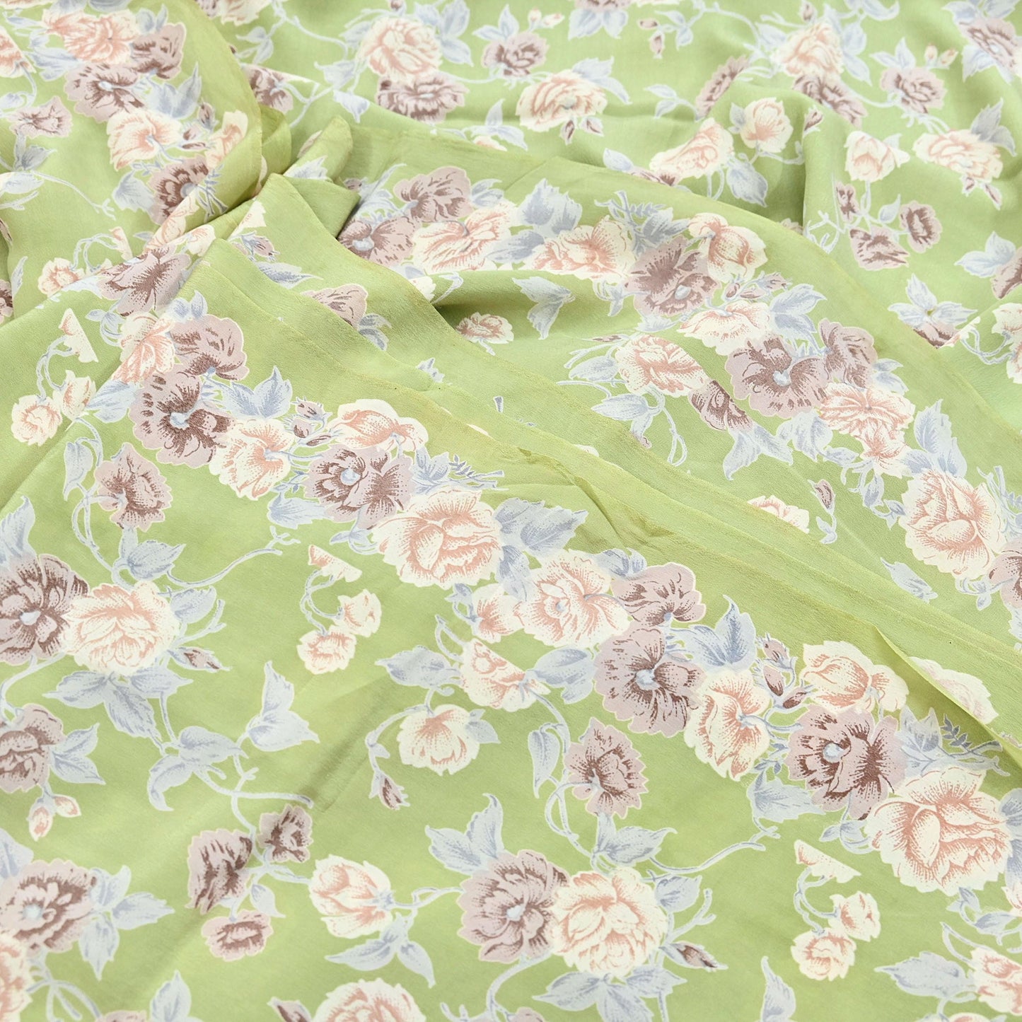 Indian Vintage Sari Sage Green Pure Crepe Silk Printed Saree 5yard Sewing Quilting Floral Soft Craft Fabric Wrap