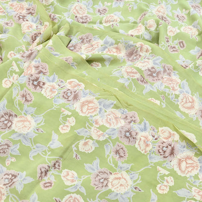 Indian Vintage Sari Sage Green Pure Crepe Silk Printed Saree 5yard Sewing Quilting Floral Soft Craft Fabric Wrap