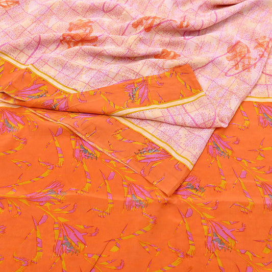 Indian Vintage Sari Orange & Ivory Pure Crepe Silk Printed Sarees 5yd Sewing Craft Fabric Floral Wrap Quilting Dress Making Crafting