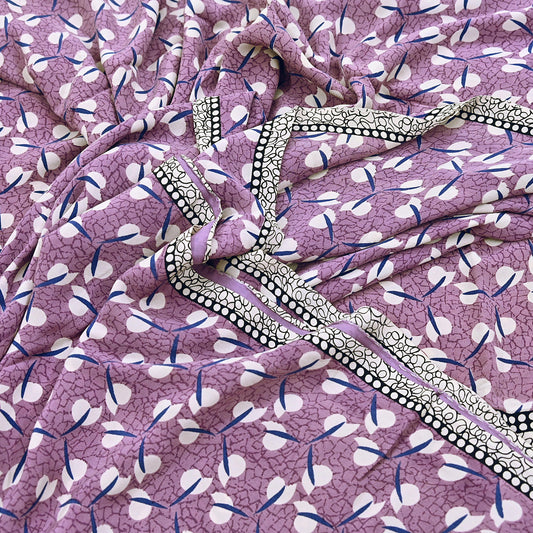 Indian Vintage Sari Purple Pure Crepe Silk Printed Saree 5yard Sewing Quilting Floral Soft Craft Fabric Wrap