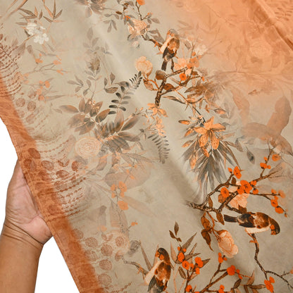 Indian Vintage Saree orange & brown Pure Satin Silk Digital Printed Sari 5yd Sewing Floral Soft Craft Fabric Dress Making Crafting Quilting