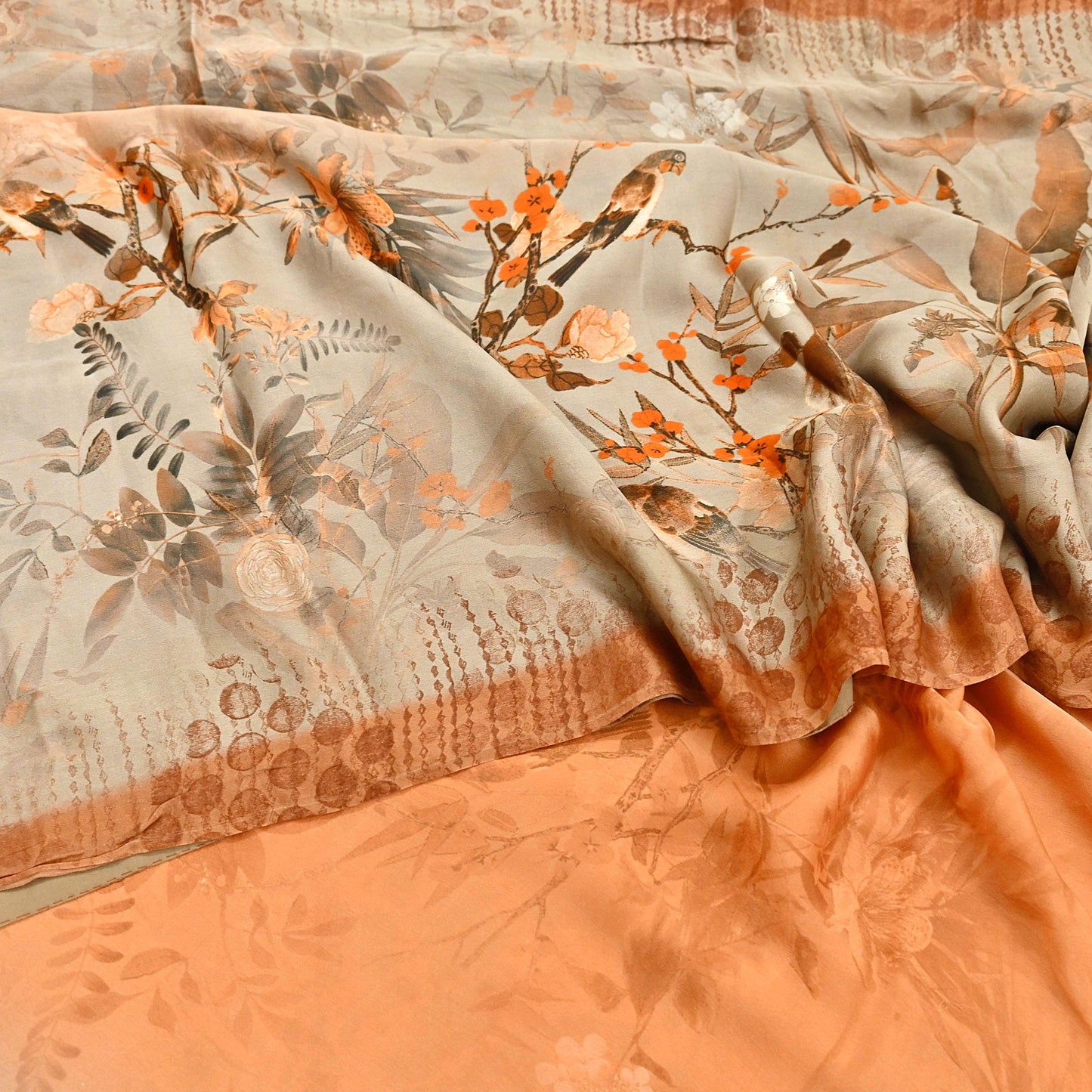 Indian Vintage Saree orange & brown Pure Satin Silk Digital Printed Sari 5yd Sewing Floral Soft Craft Fabric Dress Making Crafting Quilting