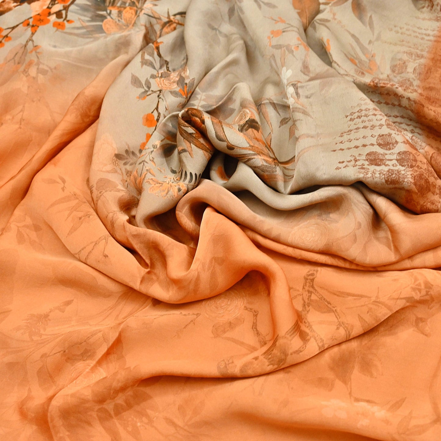 Indian Vintage Saree orange & brown Pure Satin Silk Digital Printed Sari 5yd Sewing Floral Soft Craft Fabric Dress Making Crafting Quilting