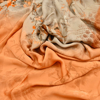 Indian Vintage Saree orange & brown Pure Satin Silk Digital Printed Sari 5yd Sewing Floral Soft Craft Fabric Dress Making Crafting Quilting