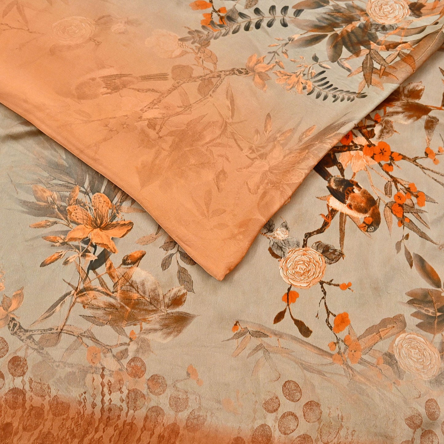 Indian Vintage Saree orange & brown Pure Satin Silk Digital Printed Sari 5yd Sewing Floral Soft Craft Fabric Dress Making Crafting Quilting