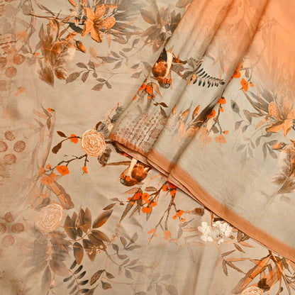 Indian Vintage Saree orange & brown Pure Satin Silk Digital Printed Sari 5yd Sewing Floral Soft Craft Fabric Dress Making Crafting Quilting