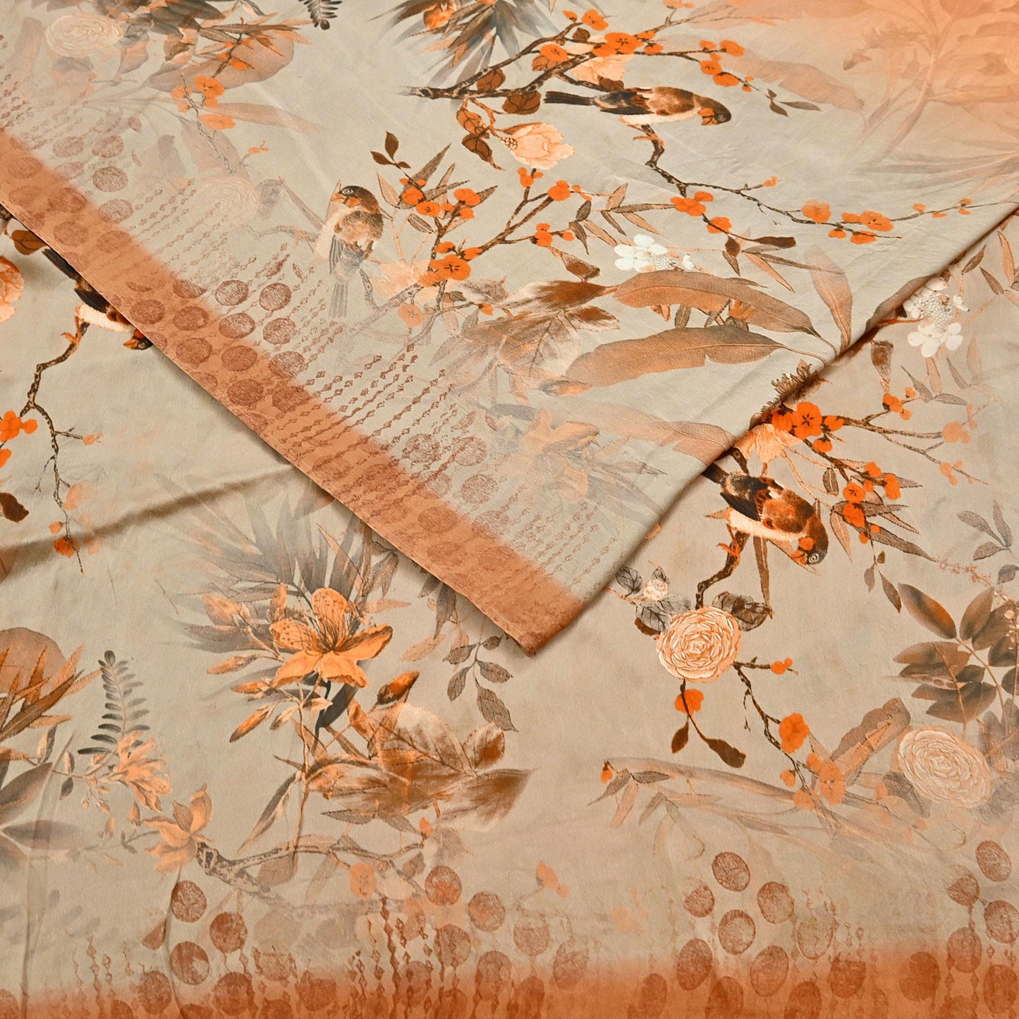 Indian Vintage Saree orange & brown Pure Satin Silk Digital Printed Sari 5yd Sewing Floral Soft Craft Fabric Dress Making Crafting Quilting
