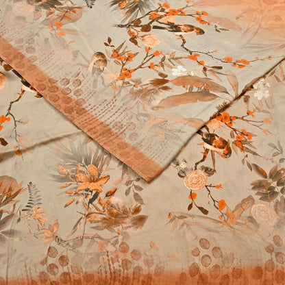 Indian Vintage Saree orange & brown Pure Satin Silk Digital Printed Sari 5yd Sewing Floral Soft Craft Fabric Dress Making Crafting Quilting