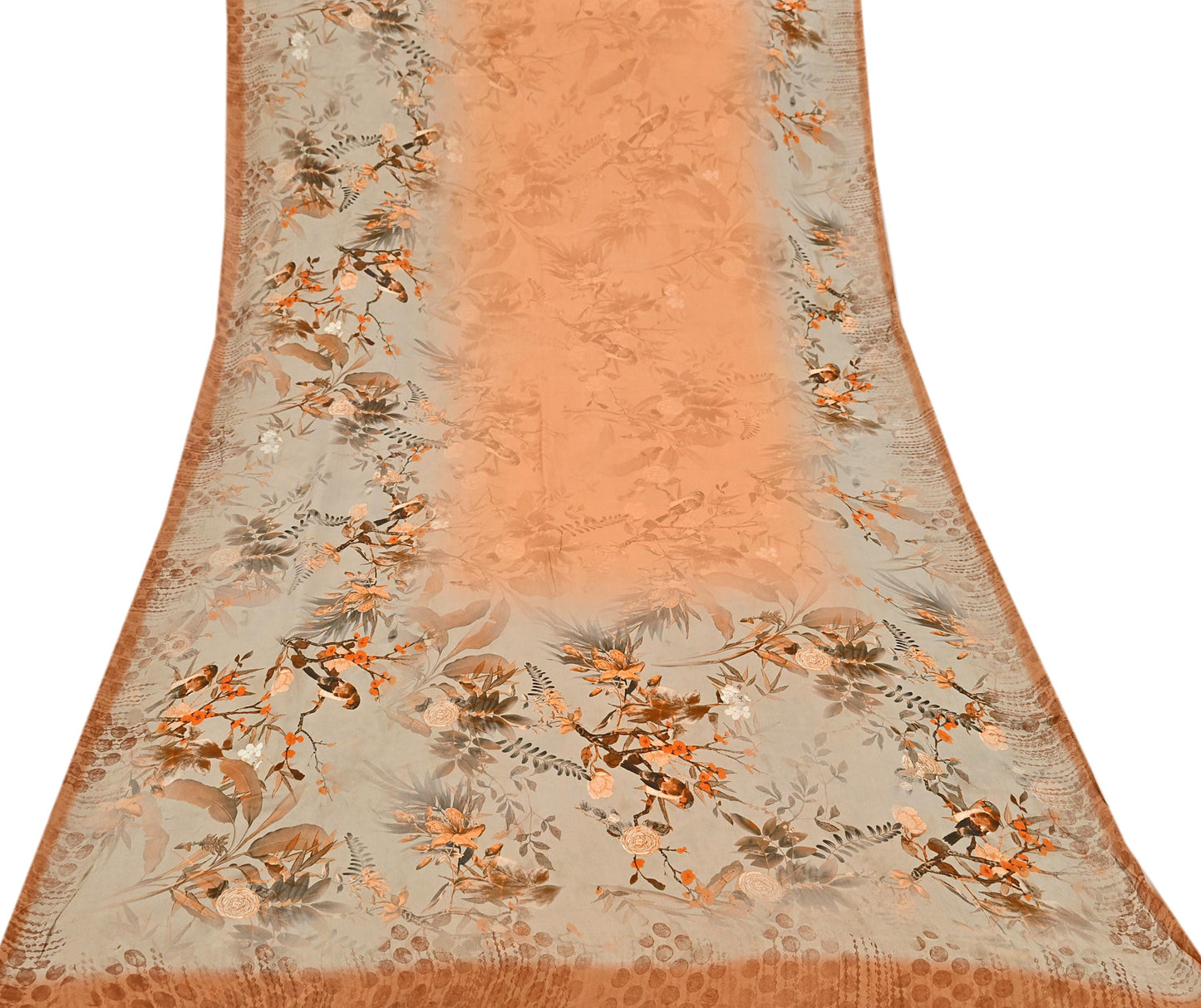 Indian Vintage Saree orange & brown Pure Satin Silk Digital Printed Sari 5yd Sewing Floral Soft Craft Fabric Dress Making Crafting Quilting