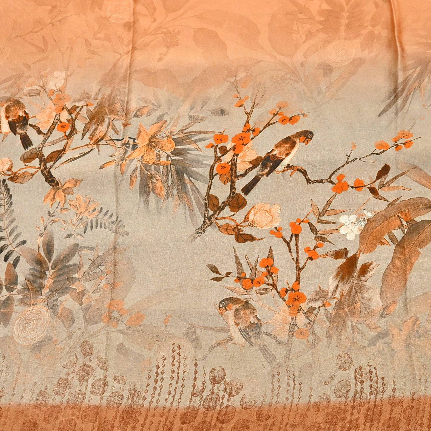 Indian Vintage Saree orange & brown Pure Satin Silk Digital Printed Sari 5yd Sewing Floral Soft Craft Fabric Dress Making Crafting Quilting