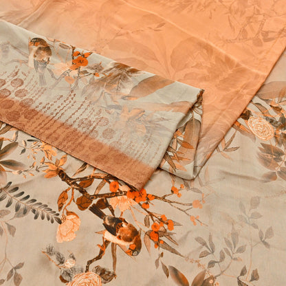 Indian Vintage Saree orange & brown Pure Satin Silk Digital Printed Sari 5yd Sewing Floral Soft Craft Fabric Dress Making Crafting Quilting