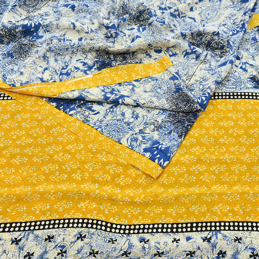 Indian Vintage blue & Ivory Pure Crepe Silk Saree Floral Print 6 Yards Soft Sewing Fabric for Dressmaking, Quilting, Crafting Upcycling