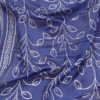 Indian Vintage Dupatta Blue Dupatta Long Stole Block Print Pure Chanderi Silk Scarves Veil Golden Zari