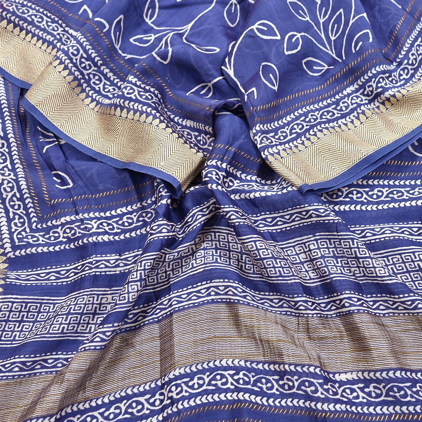 Indian Vintage Dupatta Blue Dupatta Long Stole Block Print Pure Chanderi Silk Scarves Veil Golden Zari