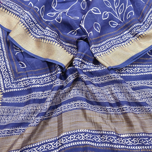 Indian Vintage Dupatta Blue Dupatta Long Stole Block Print Pure Chanderi Silk Scarves Veil Golden Zari