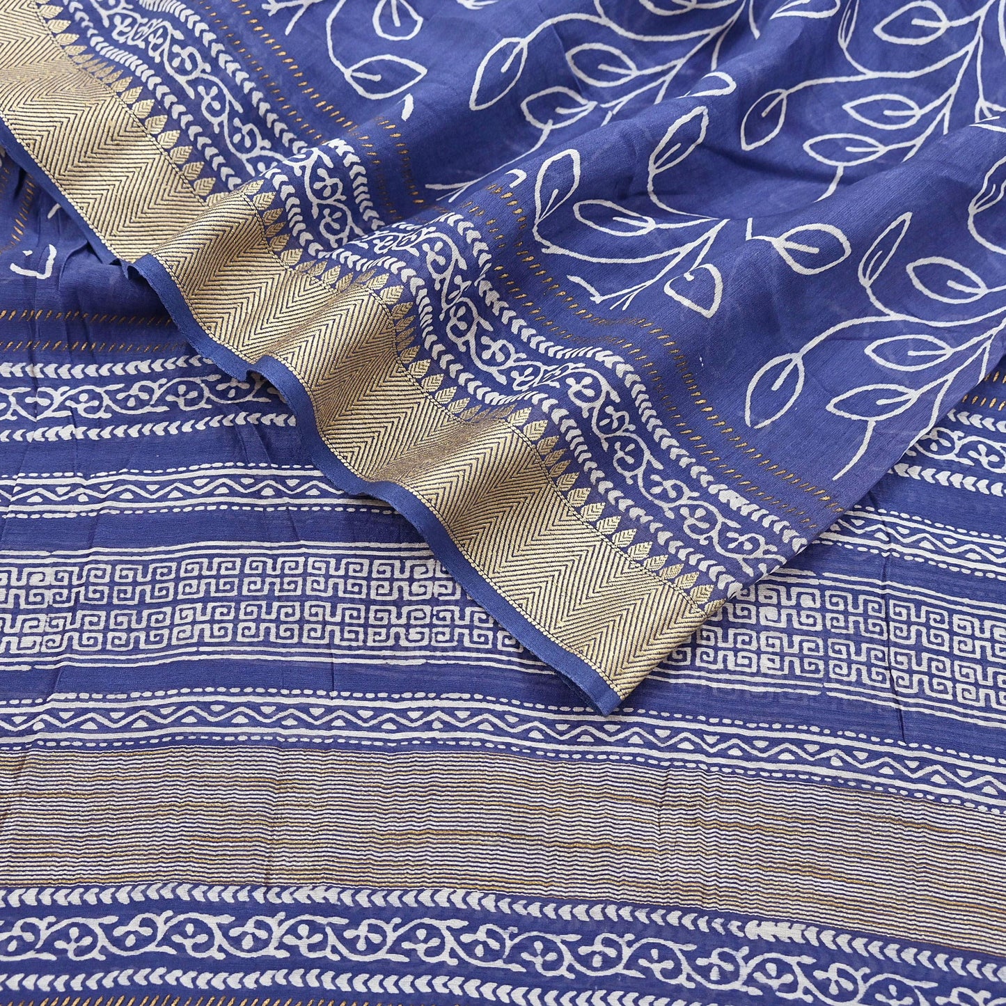 Indian Vintage Dupatta Blue Dupatta Long Stole Block Print Pure Chanderi Silk Scarves Veil Golden Zari
