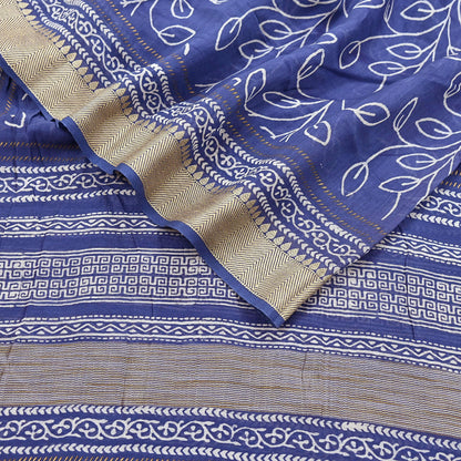 Indian Vintage Dupatta Blue Dupatta Long Stole Block Print Pure Chanderi Silk Scarves Veil Golden Zari