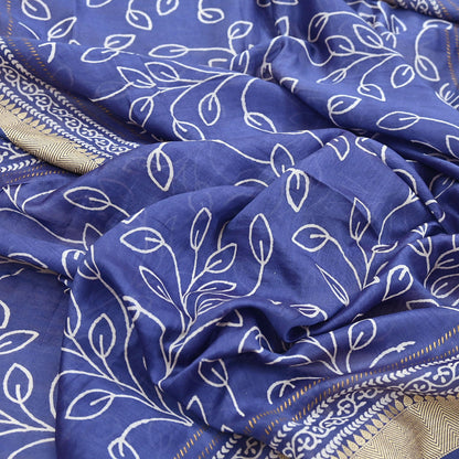Indian Vintage Dupatta Blue Dupatta Long Stole Block Print Pure Chanderi Silk Scarves Veil Golden Zari