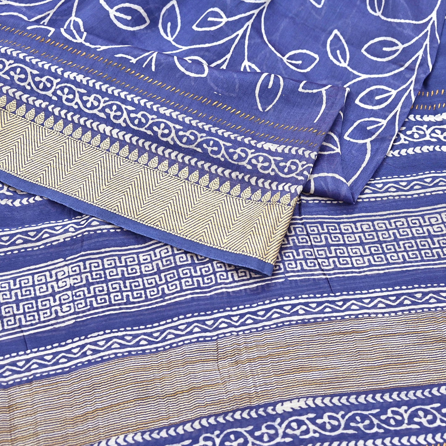 Indian Vintage Dupatta Blue Dupatta Long Stole Block Print Pure Chanderi Silk Scarves Veil Golden Zari