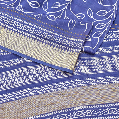 Indian Vintage Dupatta Blue Dupatta Long Stole Block Print Pure Chanderi Silk Scarves Veil Golden Zari