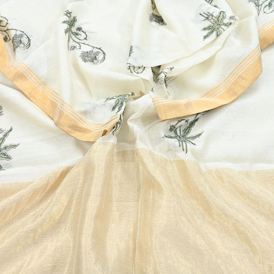 Indian Vintage Dupatta Ivory Dupatta Long Stole Block Print Pure Chanderi Silk Scarves Veil Golden Border