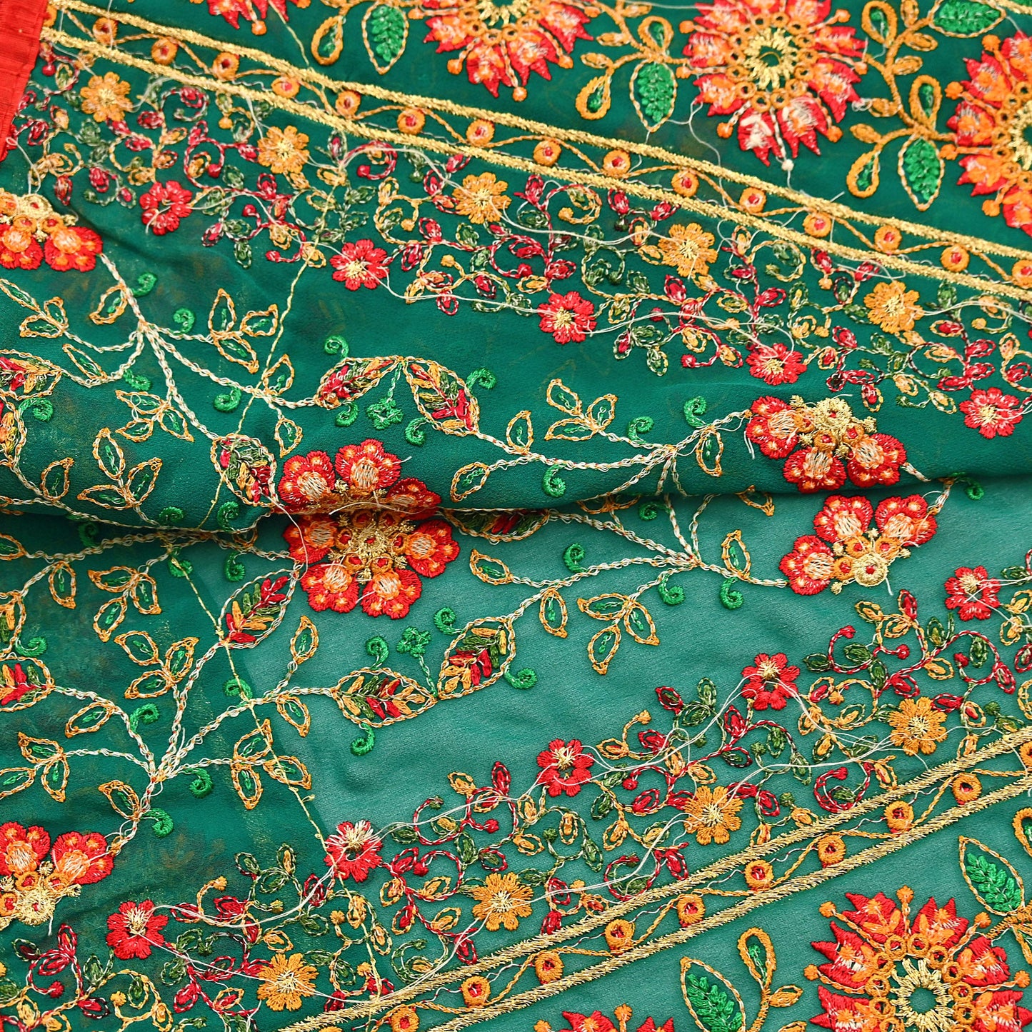Indian Vintage Dupatta Green Pure Georgette silk Long Stole Embroidered Scarves Stole Veil Wrap