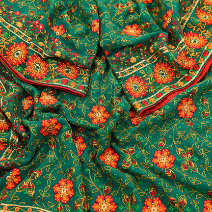 Indian Vintage Dupatta Green Pure Georgette silk Long Stole Embroidered Scarves Stole Veil Wrap