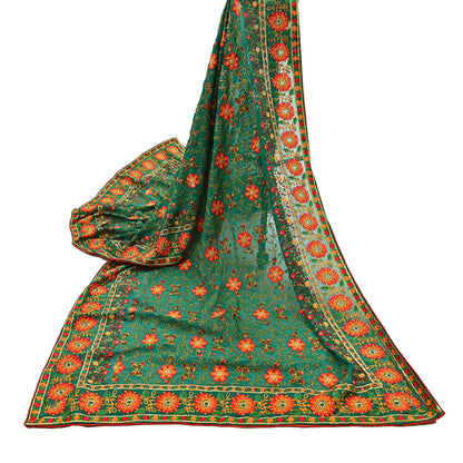 Indian Vintage Dupatta Green Pure Georgette silk Long Stole Embroidered Scarves Stole Veil Wrap