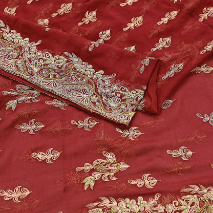 Indian Vintage Heavy Red Dupatta Pure Chiffon silk Long Stole Hand Embroidered Scarves Floral Design Stole Veil Wrap Zari Zardozi