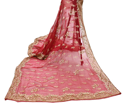Indian Vintage Heavy Red Dupatta Pure Chiffon silk Long Stole Hand Embroidered Scarves Floral Design Stole Veil Wrap Zari Zardozi