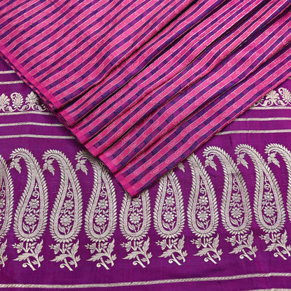Indian Vintage Sari Purple Heavy Wedding Pure Satin Silk Woven Banarasi Brocade Saree Zari 5Yd Craft Fabric Ethnic Dress making Crafting