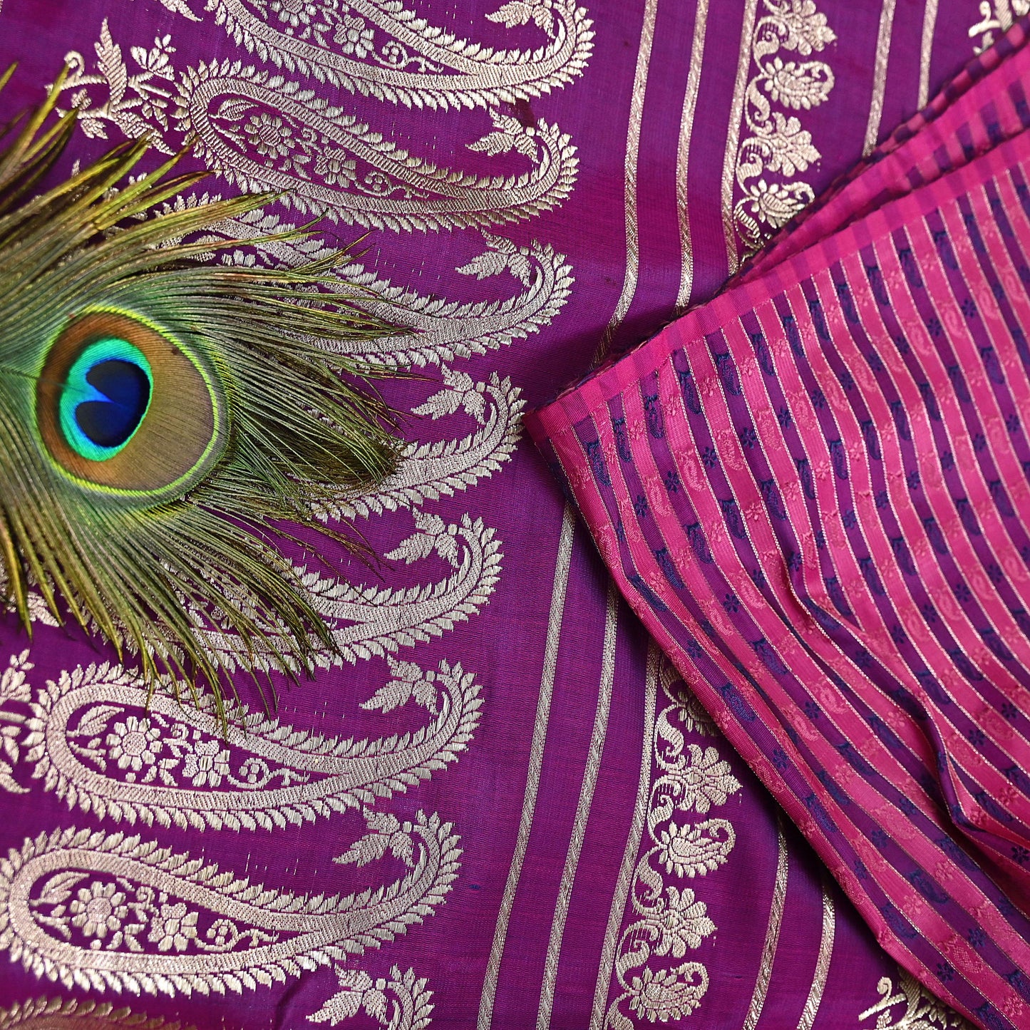 Indian Vintage Sari Purple Heavy Wedding Pure Satin Silk Woven Banarasi Brocade Saree Zari 5Yd Craft Fabric Ethnic Dress making Crafting