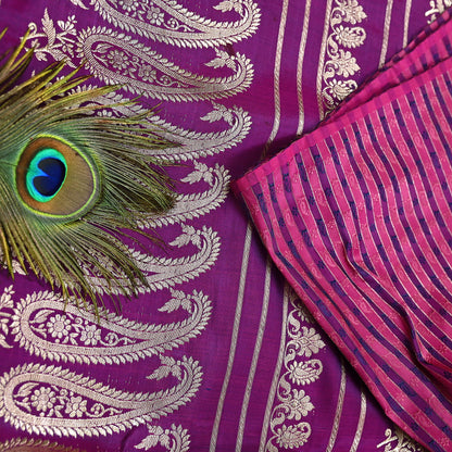 Indian Vintage Sari Purple Heavy Wedding Pure Satin Silk Woven Banarasi Brocade Saree Zari 5Yd Craft Fabric Ethnic Dress making Crafting