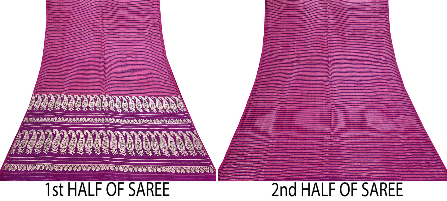 Indian Vintage Sari Purple Heavy Wedding Pure Satin Silk Woven Banarasi Brocade Saree Zari 5Yd Craft Fabric Ethnic Dress making Crafting
