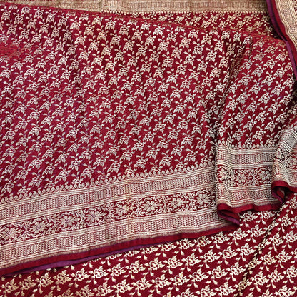 Indian Vintage Sari Maroon Heavy Wedding Pure Satin Silk Woven Banarasi Brocade Saree Zari 5Yd Craft Fabric Ethnic Dress making Crafting