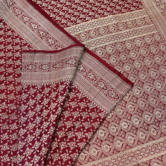 Indian Vintage Sari Maroon Heavy Wedding Pure Satin Silk Woven Banarasi Brocade Saree Zari 5Yd Craft Fabric Ethnic Dress making Crafting