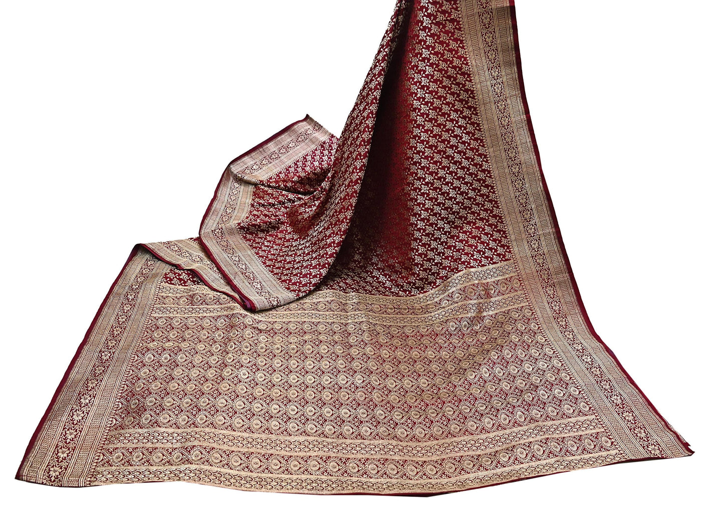 Indian Vintage Sari Maroon Heavy Wedding Pure Satin Silk Woven Banarasi Brocade Saree Zari 5Yd Craft Fabric Ethnic Dress making Crafting