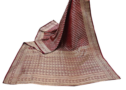 Indian Vintage Sari Maroon Heavy Wedding Pure Satin Silk Woven Banarasi Brocade Saree Zari 5Yd Craft Fabric Ethnic Dress making Crafting