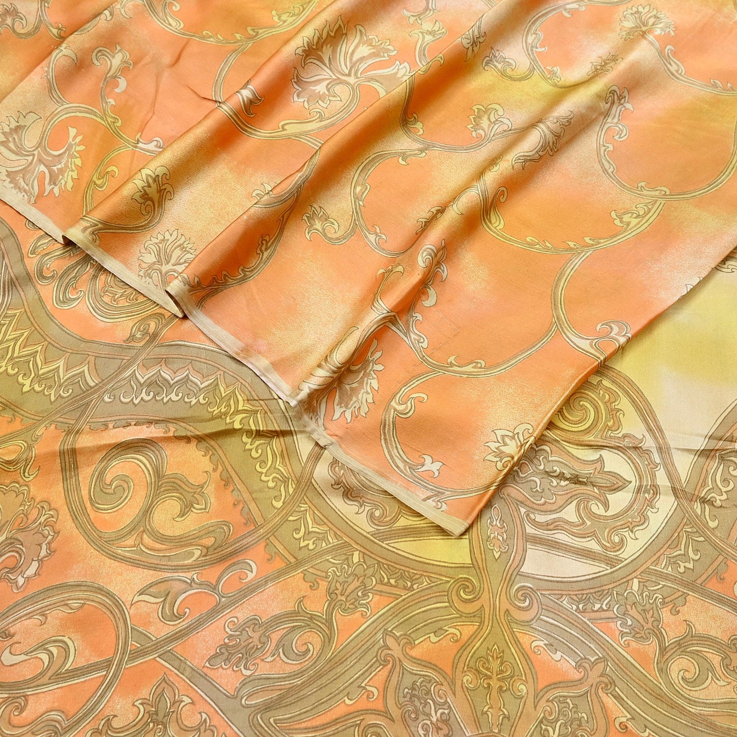 Indian Vintage Sari Orange & green Printed 100% Pure Satin Silk Sarees 5yd Sewing Craft Fabric Dress Making Wrap Upcycle Quilting Crafting