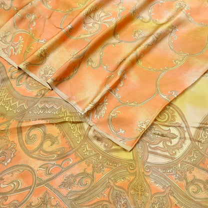 Indian Vintage Sari Orange & green Printed 100% Pure Satin Silk Sarees 5yd Sewing Craft Fabric Dress Making Wrap Upcycle Quilting Crafting