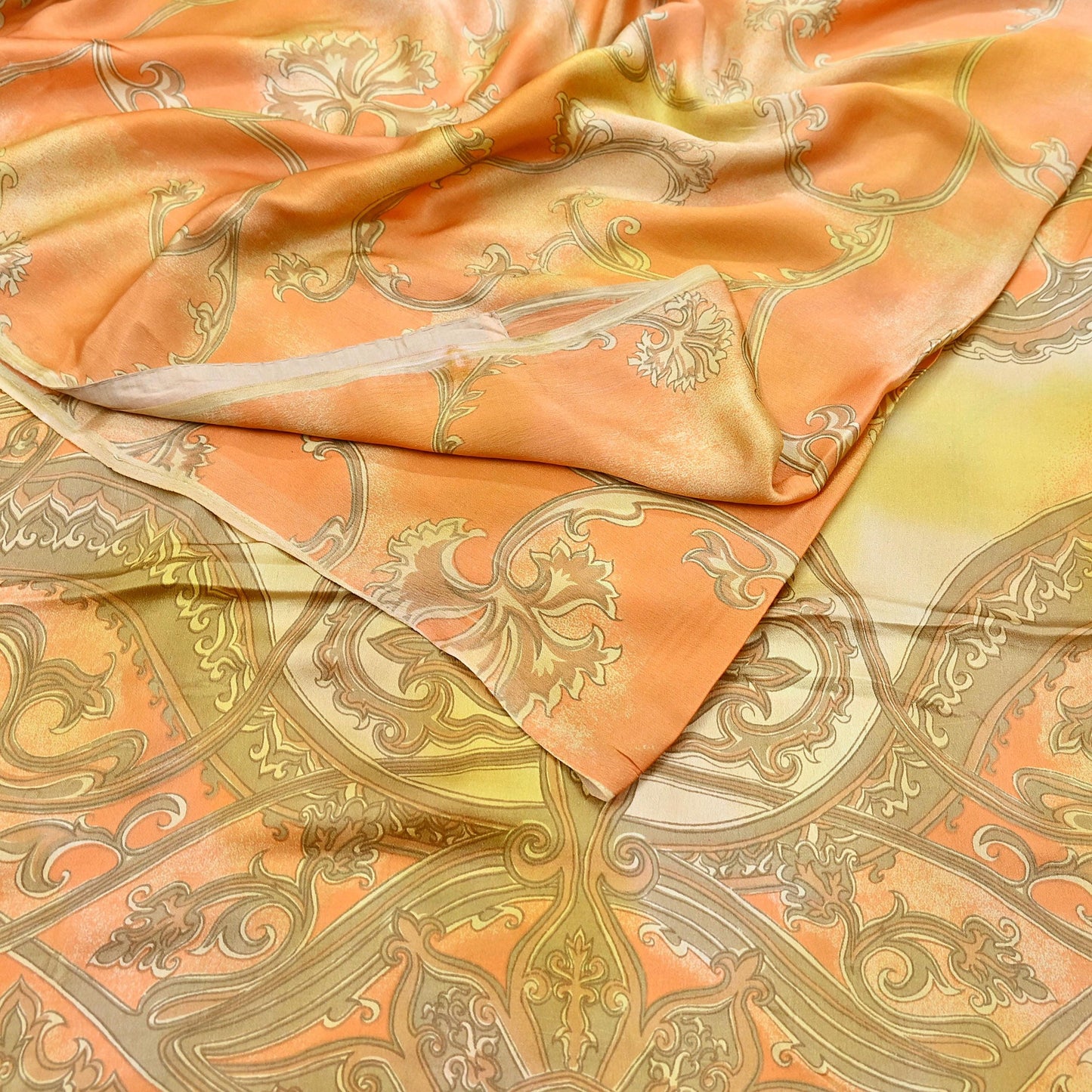 Indian Vintage Sari Orange & green Printed 100% Pure Satin Silk Sarees 5yd Sewing Craft Fabric Dress Making Wrap Upcycle Quilting Crafting