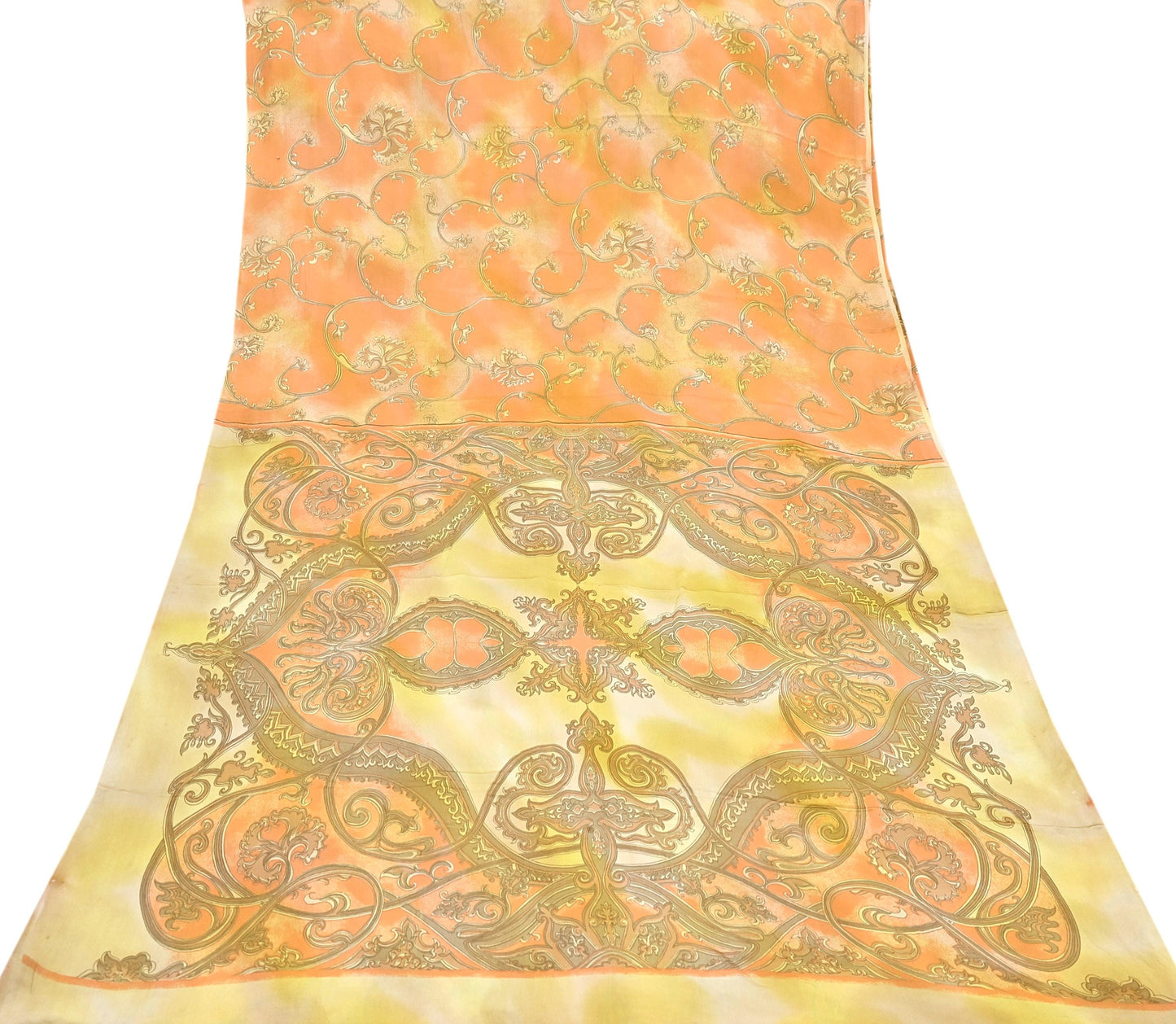 Indian Vintage Sari Orange & green Printed 100% Pure Satin Silk Sarees 5yd Sewing Craft Fabric Dress Making Wrap Upcycle Quilting Crafting