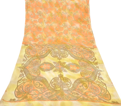 Indian Vintage Sari Orange & green Printed 100% Pure Satin Silk Sarees 5yd Sewing Craft Fabric Dress Making Wrap Upcycle Quilting Crafting