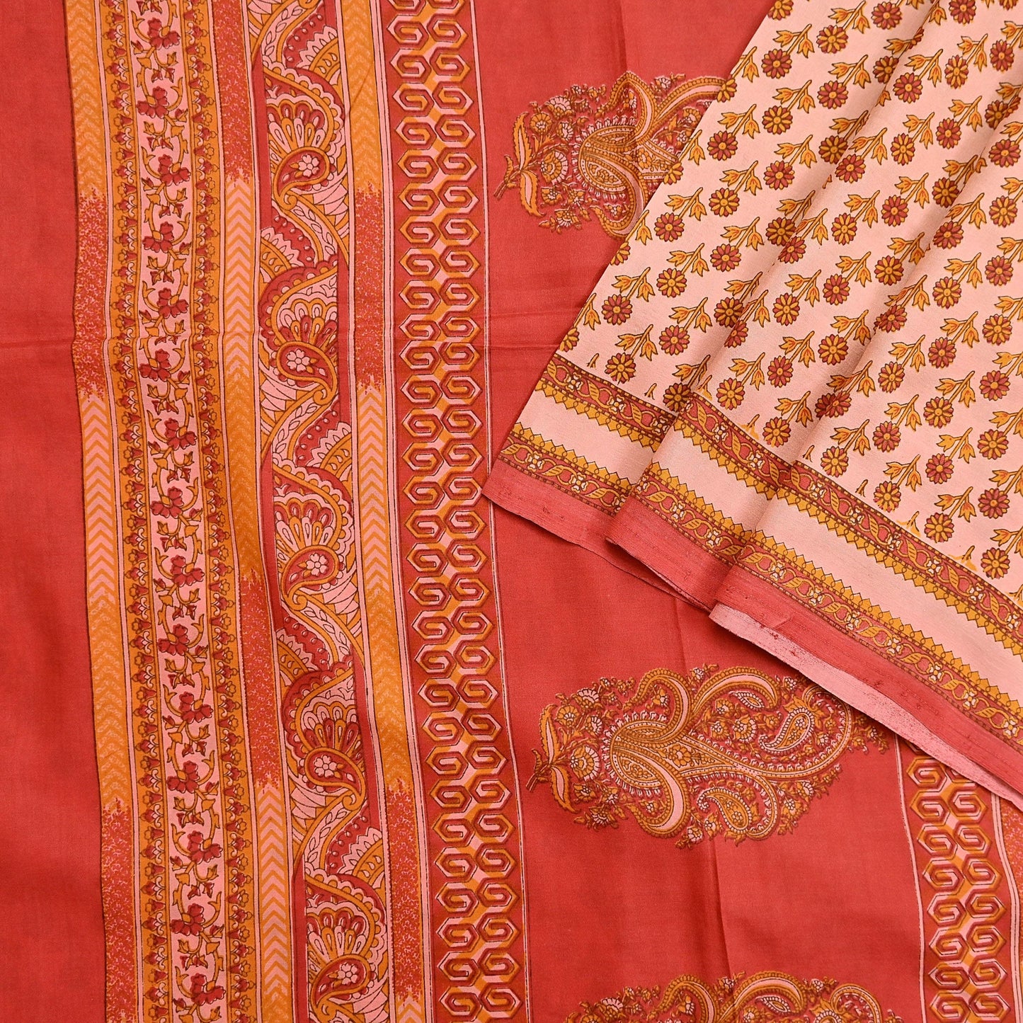 Indian Vintage Peach & Red Pure Silk Printed Saree 5 Yards Soft Floral Fabric for Dressmaking, Quilting, Crafting, Sewing Upcycling