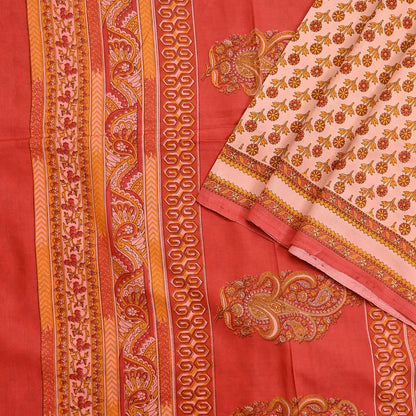 Indian Vintage Peach & Red Pure Silk Printed Saree 5 Yards Soft Floral Fabric for Dressmaking, Quilting, Crafting, Sewing Upcycling